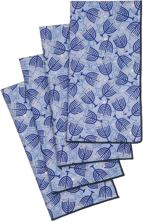 Cloth Napkins, Happy Hanukkah Decor with Menorah, Jewish Stars, Judaica Party Table Decor Ideas 100% Cotton Linen Napkins, Blue Table Linens 18" - Decorative Things