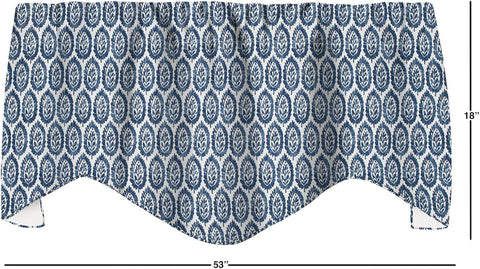 Blue Curtain Valance for Windows, Kitchen Curtain, Living Room, Bathroom, Swag Rod Pocket, Wood Block Print Motif Lined Made in USA, 53x18 Inches - Decorative Things