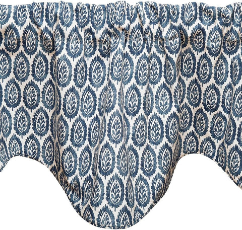 Blue Curtain Valance for Windows, Kitchen Curtain, Living Room, Bathroom, Swag Rod Pocket, Wood Block Print Motif Lined Made in USA, 53x18 Inches - Decorative Things