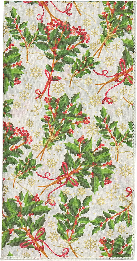 Christmas Napkins 18" x 18" Cloth Dinner, Elegant 100% Cotton Table Decor Linens Red and Green Holly Print Set - Decorative Things
