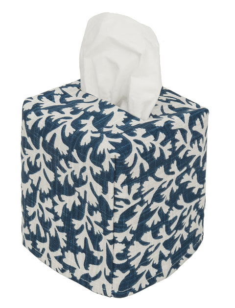 Fabric Tissue Box Cover, Tissue Holder Slipcover, Slips Over Square Cube Cardboard Facial Tissue Boxes -Coral Navy Print, Bathroom Decor, Bedroom, Desk, One Size Fits Most - Lined Fabric Folds Flat