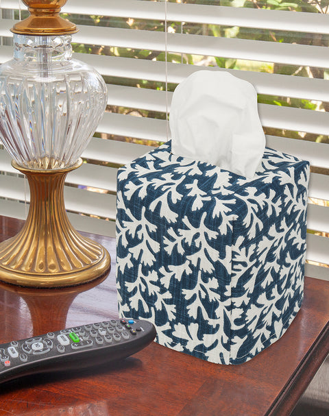 Fabric Tissue Box Cover, Tissue Holder Slipcover, Slips Over Square Cube Cardboard Facial Tissue Boxes -Coral Navy Print, Bathroom Decor, Bedroom, Desk, One Size Fits Most - Lined Fabric Folds Flat - Decorative Things