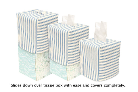 Fabric Tissue Box Cover, Tissue Holder Slipcover, Slips Over Square Cube Cardboard Boxes -Decorative Blue and White Block Print Cotton Fabric, Made in USA