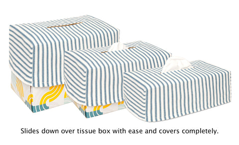 Fabric Tissue Box Cover, Tissue Holder Slipcover, Slips Over Rectangular Cardboard Facial Tissue Boxes -Decorative Blue Block Print Cotton Fabric, Made in USA - Decorative Things