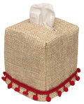 Tissue Box Cover - Christmas Bathroom Decor, Bathroom Accessories - Burlap Tissue Holder Slip Cover, Red Pom Poms– One Size Fits Most Cardboard Tissue Boxes – Square Cube Tissue Dispenser Made in USA - Decorative Things