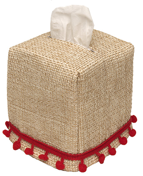 Tissue Box Cover - Christmas Bathroom Decor, Bathroom Accessories - Burlap Tissue Holder Slip Cover, Red Pom Poms– One Size Fits Most Cardboard Tissue Boxes – Square Cube Tissue Dispenser Made in USA - Decorative Things