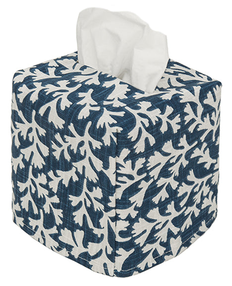 Fabric Tissue Box Cover, Tissue Holder Slipcover, Slips Over Square Cube Cardboard Facial Tissue Boxes -Coral Navy Print, Bathroom Decor, Bedroom, Desk, One Size Fits Most - Lined Fabric Folds Flat - Decorative Things