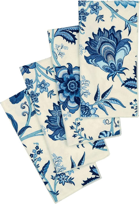 Elegant Blue & White Floral Cotton Linen Napkins - Set of 4