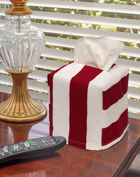 Tissue Box Cover, Soft Cloth Tissue Dispenser Cover for Square Cube Tissue Boxes- One Size Tissue Box Holder Fits Most Cardboard Tissue Holders - Lined, Red and White Striped, Made in USA - Decorative Things