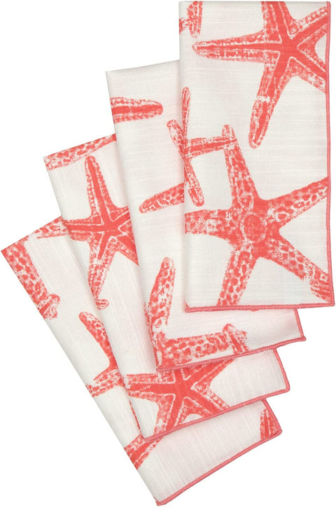 Decorative Things Cloth Napkins Cotton Linen Napkins - Summer Coastal Decor, Beach Wedding Napkins, Beach Party, Coral Starfish, Reusable Washable Soft Dinner Napkins - Made in USA 18" x 18" - Decorative Things