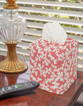 Fabric Tissue Box Cover, Tissue Holder Slipcover, Slips Over Square Cube Cardboard Facial Tissue Boxes -Coral Pink Print, Bathroom Decor, Bedroom, Desk, One Size Fits Most - Lined Fabric Folds Flat - Decorative Things